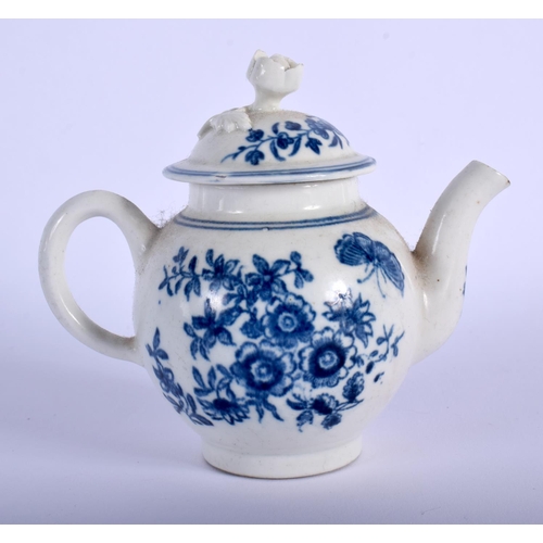 90 - 18TH C. ENGLISH PORCELAIN RARE MINIATURE TEAPOT AND COVER DECORATED IN UNDERGLAZE BUE WITH A VERSION... 