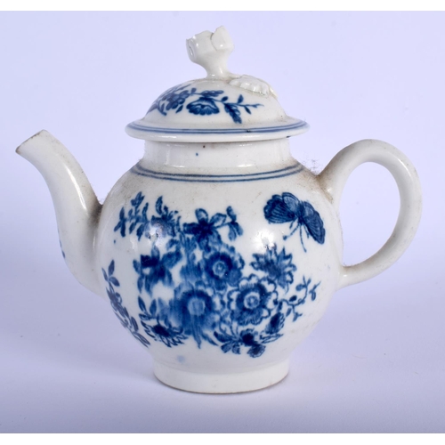 90 - 18TH C. ENGLISH PORCELAIN RARE MINIATURE TEAPOT AND COVER DECORATED IN UNDERGLAZE BUE WITH A VERSION... 