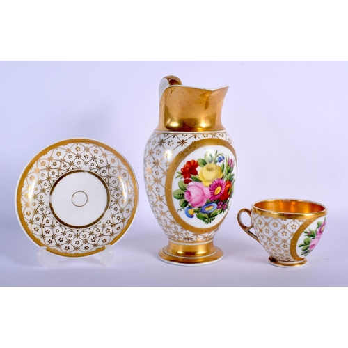 96 - MID 19TH C. PARIS PORCELAIN JUG AND MATCHING CUP AND SAUCER PAINTED WITH FLOWERS IN PANELS ON A GILT... 