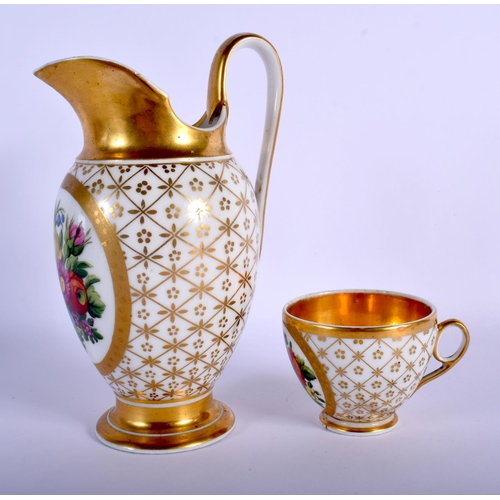 96 - MID 19TH C. PARIS PORCELAIN JUG AND MATCHING CUP AND SAUCER PAINTED WITH FLOWERS IN PANELS ON A GILT... 
