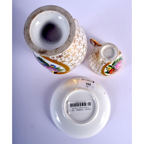 96 - MID 19TH C. PARIS PORCELAIN JUG AND MATCHING CUP AND SAUCER PAINTED WITH FLOWERS IN PANELS ON A GILT... 