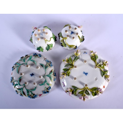 97 - LATE 19TH C. MEISSEN TWO CUP AND A SAUCER PAINTED AND ENCRUASTED WITH FLOWERS ON STANDING ON FEET AN... 