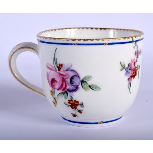 99 - 18TH C. SEVRES GOOD COFFEEE CUP AND SAUCER BOLDLLEY PAINTED WITH FLOWERS UNDER A BLUE LINE DENTIL GI... 