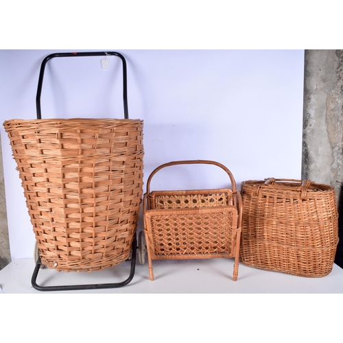3786 - A wicker shopping trolley together with a basket and a magazine rack largest 92cm (3).