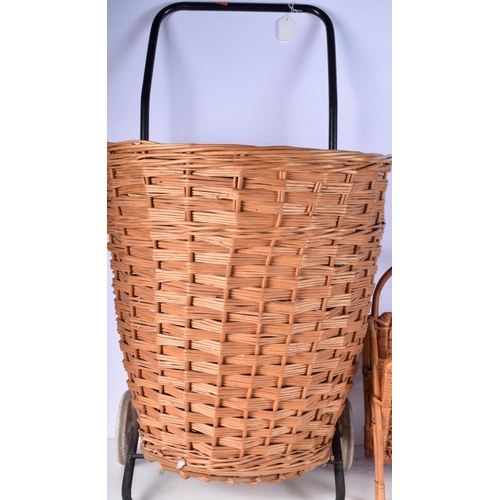 3786 - A wicker shopping trolley together with a basket and a magazine rack largest 92cm (3).