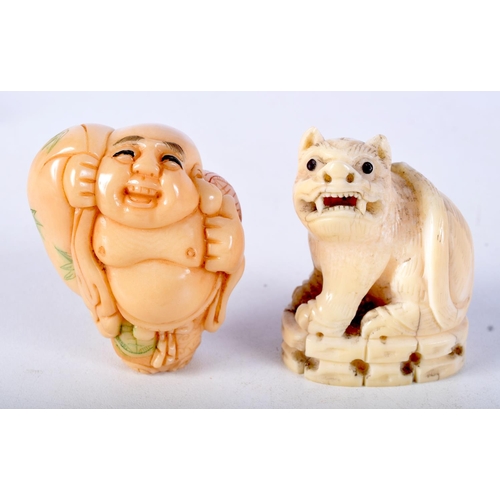 12 - A 19TH CENTURY CHINESE CARVED IVORY FIGURE OF A BEAST together with a carved tag nut netsuke. Larges... 