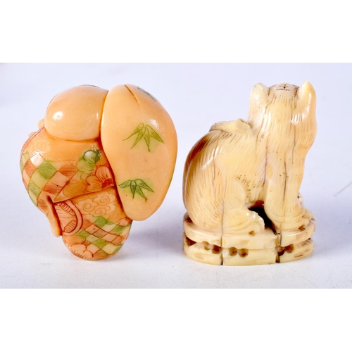 12 - A 19TH CENTURY CHINESE CARVED IVORY FIGURE OF A BEAST together with a carved tag nut netsuke. Larges... 