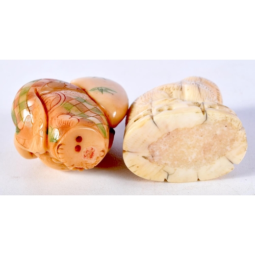 12 - A 19TH CENTURY CHINESE CARVED IVORY FIGURE OF A BEAST together with a carved tag nut netsuke. Larges... 