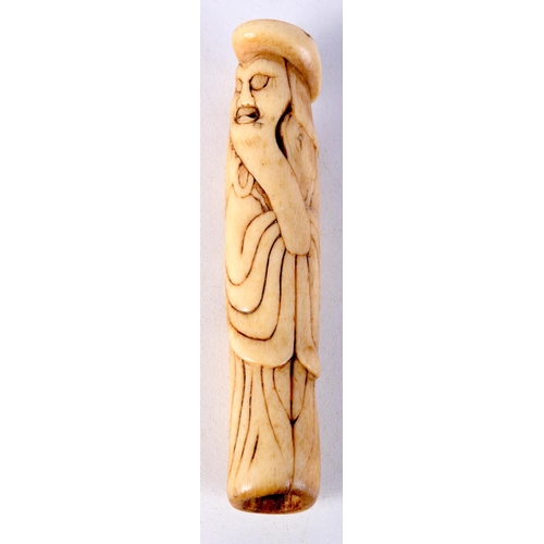 17 - AN 18TH CENTURY JAPANESE EDO PERIOD CARVED STAG ANTLER NETSUKE modelled as a Dutchman. 10 cm high.