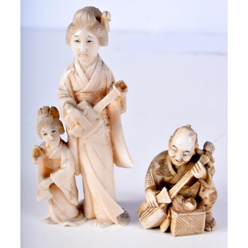 19 - A 19TH CENTURY JAPANESE MEIJI PERIOD CARVED IVORY NETSUKE together with a similar okimono. Largest 9... 