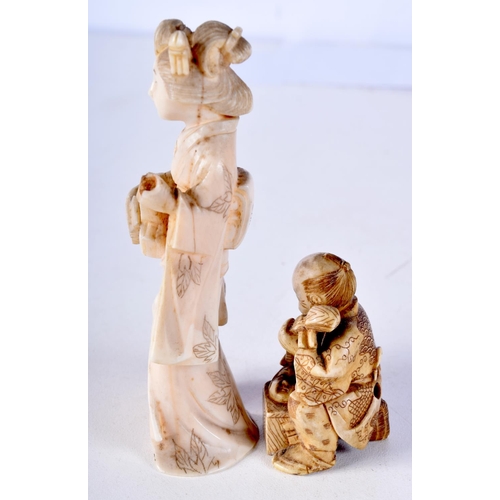 19 - A 19TH CENTURY JAPANESE MEIJI PERIOD CARVED IVORY NETSUKE together with a similar okimono. Largest 9... 