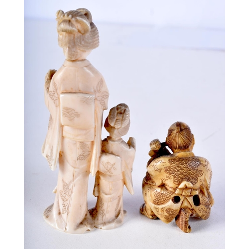 19 - A 19TH CENTURY JAPANESE MEIJI PERIOD CARVED IVORY NETSUKE together with a similar okimono. Largest 9... 