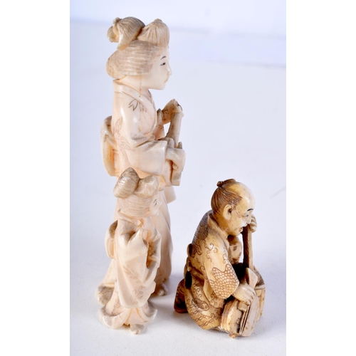 19 - A 19TH CENTURY JAPANESE MEIJI PERIOD CARVED IVORY NETSUKE together with a similar okimono. Largest 9... 