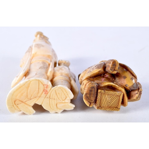 19 - A 19TH CENTURY JAPANESE MEIJI PERIOD CARVED IVORY NETSUKE together with a similar okimono. Largest 9... 