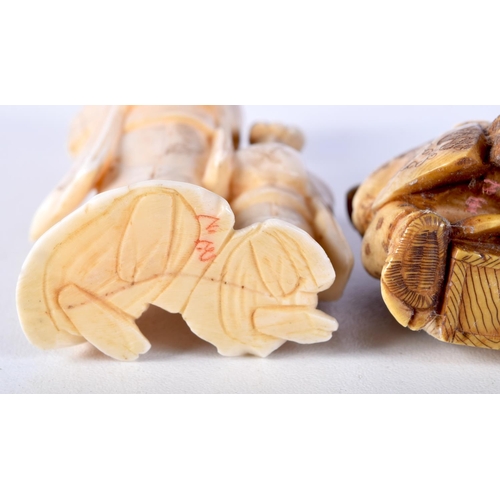 19 - A 19TH CENTURY JAPANESE MEIJI PERIOD CARVED IVORY NETSUKE together with a similar okimono. Largest 9... 