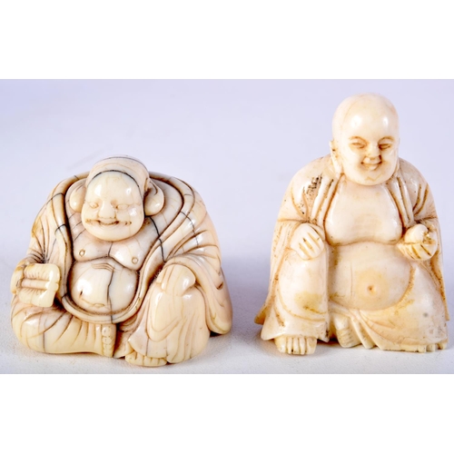 22 - AN 18TH CENTURY JAPANESE EDO PERIOD CARVED IVORY BUDDHA NETSUKE together with another similar. 4 cm ... 