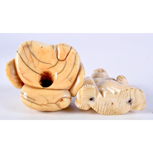 22 - AN 18TH CENTURY JAPANESE EDO PERIOD CARVED IVORY BUDDHA NETSUKE together with another similar. 4 cm ... 
