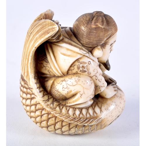23 - A FINE 19TH CENTURY JAPANESE MEIJI PERIOD CARVED IVORY NETSUKE modelled as a male riding a fish. 5 c... 