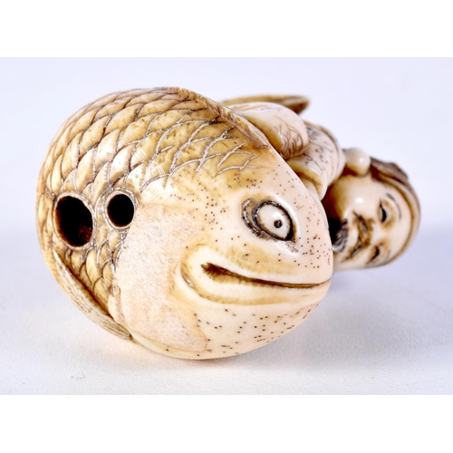 23 - A FINE 19TH CENTURY JAPANESE MEIJI PERIOD CARVED IVORY NETSUKE modelled as a male riding a fish. 5 c... 