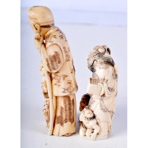 27 - A 19TH CENTURY JAPANESE MEIJI PERIOD CARVED IVORY NETSUKE together with a larger okimono. Largest 8 ... 
