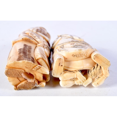 27 - A 19TH CENTURY JAPANESE MEIJI PERIOD CARVED IVORY NETSUKE together with a larger okimono. Largest 8 ... 