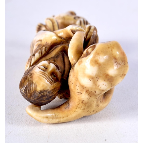 3 - A 19TH CENTURY JAPANESE MEIJI PERIOD CARVED IVORY NETSUKE in the form of scholar holding a toad. 7.2... 
