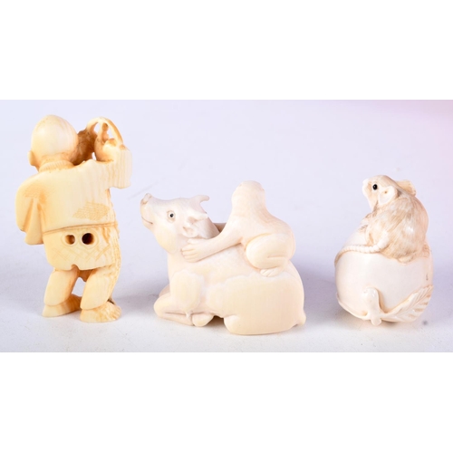 32 - A FINE 19TH CENTURY JAPANESE MEIJI PERIOD CARVED IVORY BULL NETSUKE together with two others. Larges... 