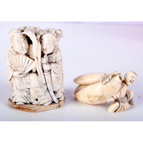 33 - TWO 19TH CENTURY JAPANESE MEIJI PERIOD CARVED IVORY OKIMONO. Largest 7 cm x 4.5 cm. (2)