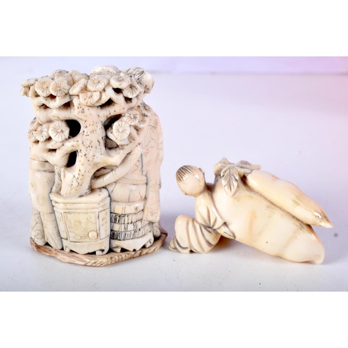 33 - TWO 19TH CENTURY JAPANESE MEIJI PERIOD CARVED IVORY OKIMONO. Largest 7 cm x 4.5 cm. (2)