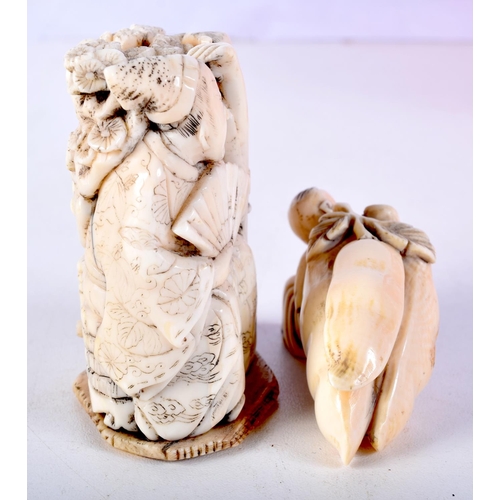 33 - TWO 19TH CENTURY JAPANESE MEIJI PERIOD CARVED IVORY OKIMONO. Largest 7 cm x 4.5 cm. (2)