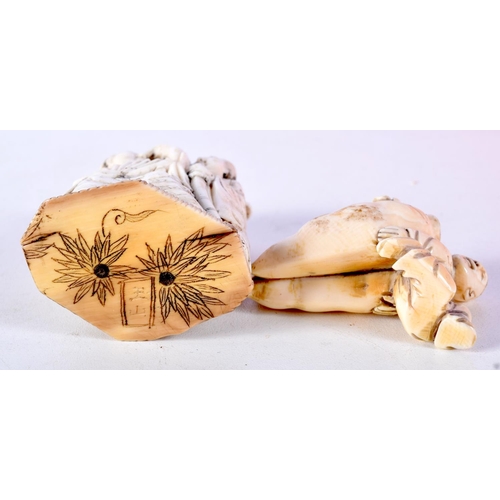 33 - TWO 19TH CENTURY JAPANESE MEIJI PERIOD CARVED IVORY OKIMONO. Largest 7 cm x 4.5 cm. (2)