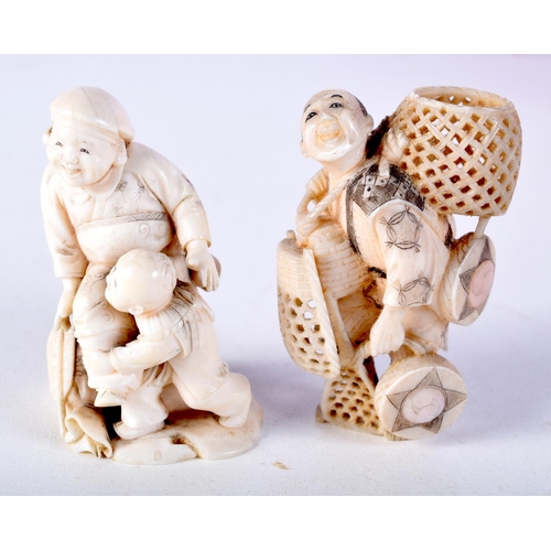 37 - TWO 19TH CENTURY JAPANESE MEIJI PERIOD CARVED IVORY OKIMONO one modelled as a basket seller. Largest... 
