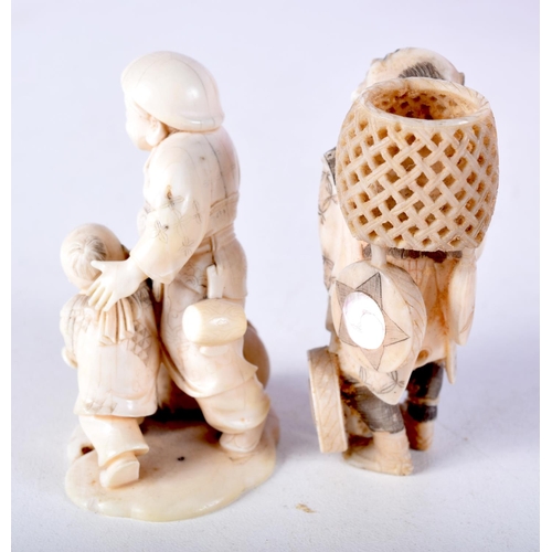 37 - TWO 19TH CENTURY JAPANESE MEIJI PERIOD CARVED IVORY OKIMONO one modelled as a basket seller. Largest... 