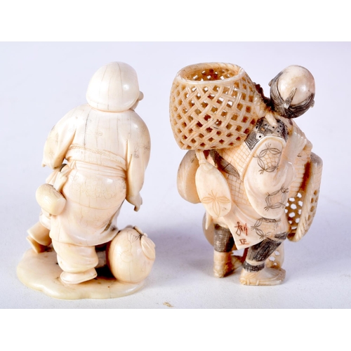 37 - TWO 19TH CENTURY JAPANESE MEIJI PERIOD CARVED IVORY OKIMONO one modelled as a basket seller. Largest... 