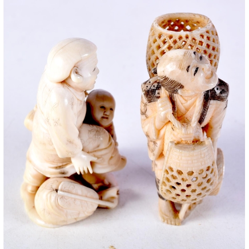 37 - TWO 19TH CENTURY JAPANESE MEIJI PERIOD CARVED IVORY OKIMONO one modelled as a basket seller. Largest... 