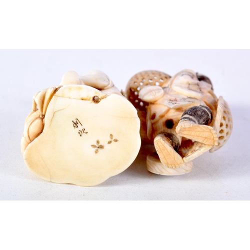 37 - TWO 19TH CENTURY JAPANESE MEIJI PERIOD CARVED IVORY OKIMONO one modelled as a basket seller. Largest... 