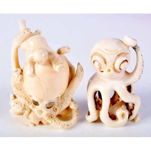 38 - AN EARLY 20TH CENTURY JAPANESE MEIJI PERIOD CARVED IVORY OCTOPUS NETSUKE together with a similar ivo... 