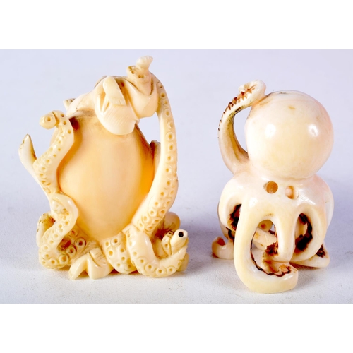 38 - AN EARLY 20TH CENTURY JAPANESE MEIJI PERIOD CARVED IVORY OCTOPUS NETSUKE together with a similar ivo... 
