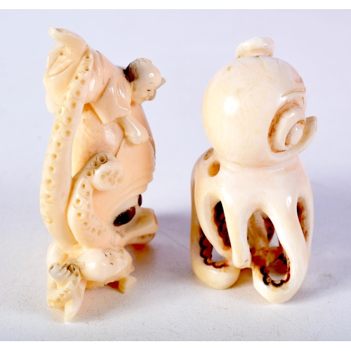 38 - AN EARLY 20TH CENTURY JAPANESE MEIJI PERIOD CARVED IVORY OCTOPUS NETSUKE together with a similar ivo... 