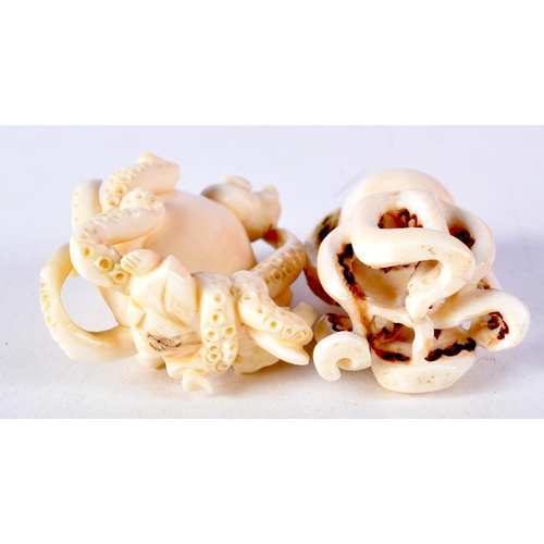 38 - AN EARLY 20TH CENTURY JAPANESE MEIJI PERIOD CARVED IVORY OCTOPUS NETSUKE together with a similar ivo... 