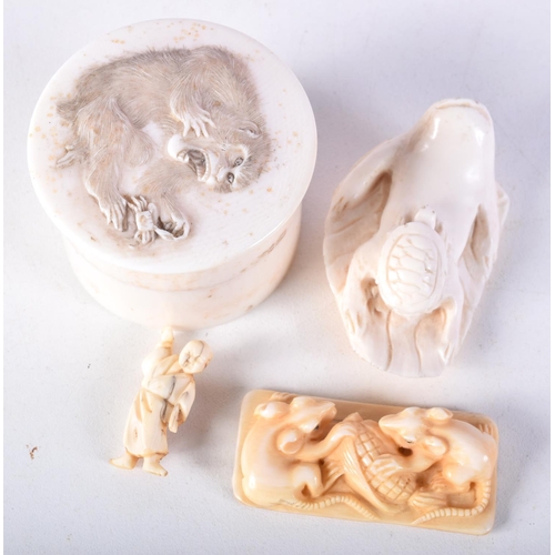 48 - A 19TH CENTURY JAPANESE MEIJI PERIOD CARVED IVORY BOX AND COVER together with two netsukes and anoth... 