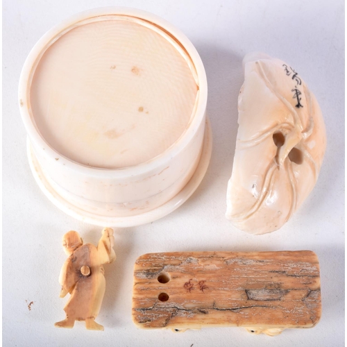 48 - A 19TH CENTURY JAPANESE MEIJI PERIOD CARVED IVORY BOX AND COVER together with two netsukes and anoth... 