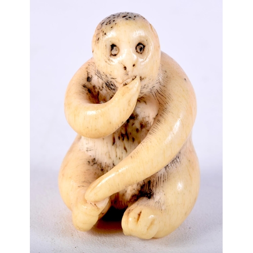 5 - A 19TH CENTURY JAPANESE MEIJI PERIOD CARVED STAG ANTLER NETSUKE formed as a seated monkey. 4 cm x 2 ... 