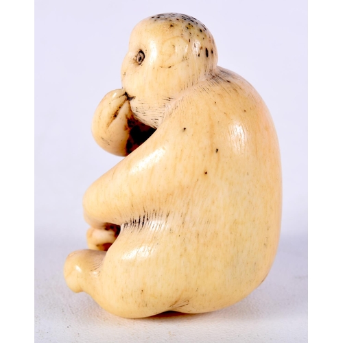 5 - A 19TH CENTURY JAPANESE MEIJI PERIOD CARVED STAG ANTLER NETSUKE formed as a seated monkey. 4 cm x 2 ... 