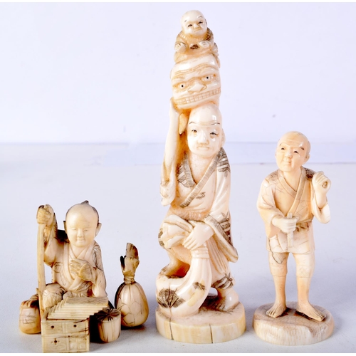 56 - THREE 19TH CENTURY JAPANESE MEIJI PERIOD CARVED IVORY OKIMONO in various forms. Largest 10 cm high. ... 
