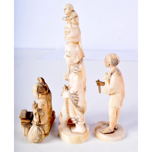 56 - THREE 19TH CENTURY JAPANESE MEIJI PERIOD CARVED IVORY OKIMONO in various forms. Largest 10 cm high. ... 