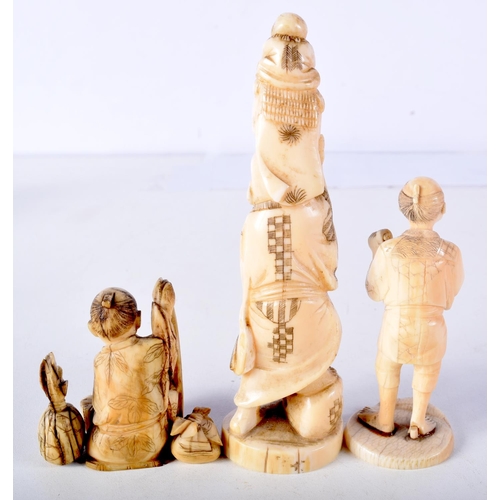 56 - THREE 19TH CENTURY JAPANESE MEIJI PERIOD CARVED IVORY OKIMONO in various forms. Largest 10 cm high. ... 