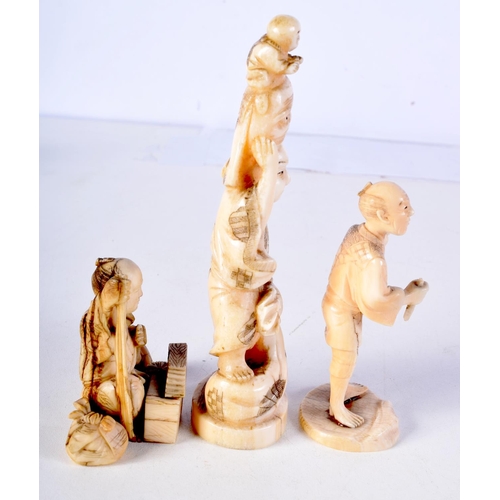 56 - THREE 19TH CENTURY JAPANESE MEIJI PERIOD CARVED IVORY OKIMONO in various forms. Largest 10 cm high. ... 