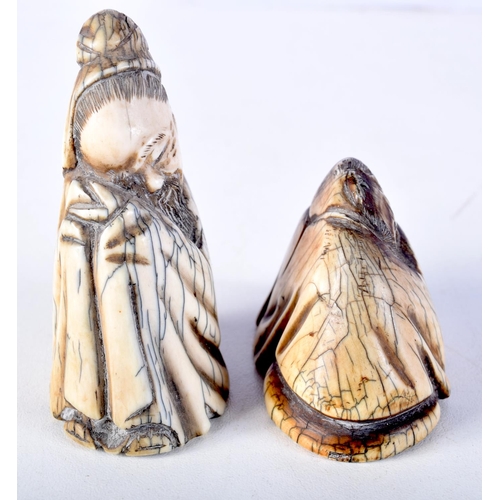 59 - TWO 19TH CENTURY CHINESE CARVED MAMMOTH IVORY FIGURES OF SCHOLARS. Largest 5.5 cm x 5.5 cm. (2)