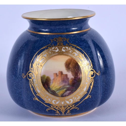 100 - ROYAL WORCESTER POWDER BLUE GROUND SPHERICAL VASE PAINTED WITH A SCOTTISH CASTLE SCENE, DATE CODE FO... 